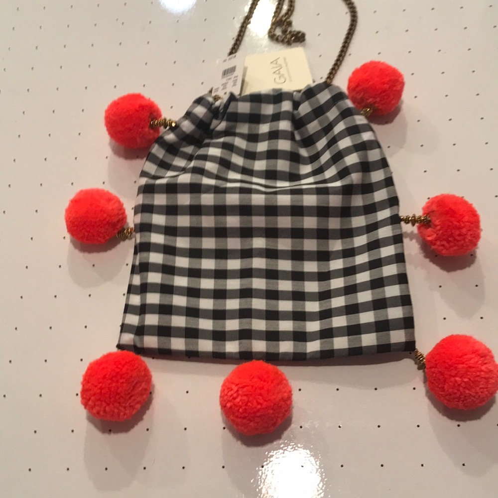 NWT GAIA gingham purse with orange pom trim